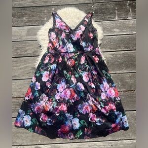 Floral Black and Pink Sleeveless Knee Length Formal Dress